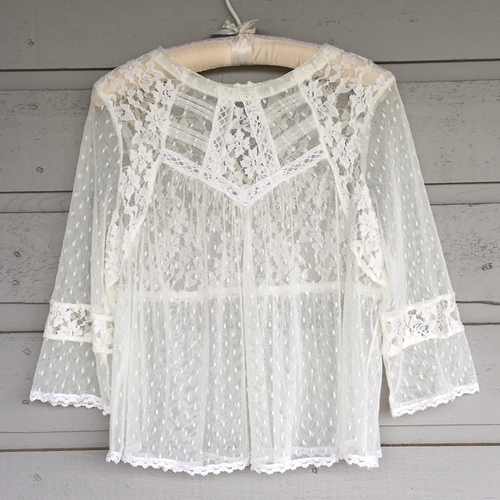 FREE PEOPLE BOHO IVORY/OFF WHITE MODERN ROMANCE SHEER LACE TOP - Picture 2 of 13